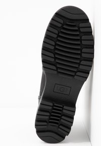 Semelle de botte UGG noire avec des rainures profondes et un motif de grip texturé visible sur un fond blanc.