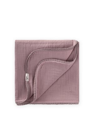 Soft mauve baby blanket folded with scalloped edges and a small white fabric label on one corner against a white background.