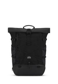 Black roll-top backpack with textured fabric, adjustable side straps, front bungee cord, and a small logo tag at the front bottom center.
