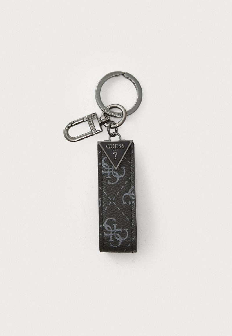 Black textured keychain with a triangular metal tag, featuring a grey logo pattern. Includes a round keyring and a silver carabiner clip.