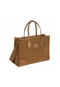 Braune Handtasche aus strukturiertem Material mit Lederakzenten. Verfügt über zwei Griffe und einen abnehmbaren Schultergurt. Rechteckige Form.