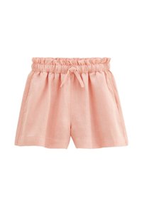 Shorts en lin rose avec une taille élastique froncée et un cordon de serrage réglable. Dispose de poches latérales et d'une coupe décontractée.