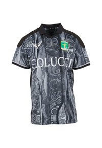 Schwarz-grau gemustertes Fußballtrikot mit schwarzem Kragen, "COLUCCI"-Text, Vereinswappen und Sponsorenlogos auf der Vorderseite.
