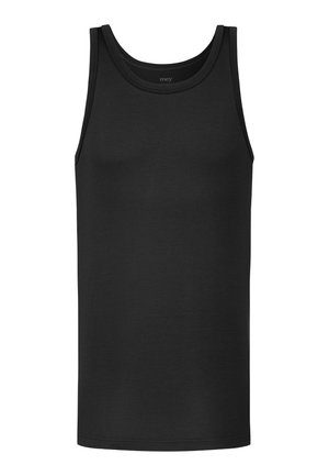 Schwarzes ärmelloses Tanktop mit rundem Ausschnitt, glattem Stoff und ohne sichtbare Muster oder Verzierungen.