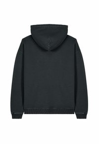 Black hooded sweatshirt with long sleeves, ribbed cuffs and hem, smooth texture, and a relaxed fit. Back view displayed.