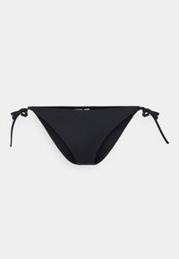 Black bikini bottom with adjustable side ties. Made of smooth, stretchy fabric. Features a minimalist design and a low-rise cut.