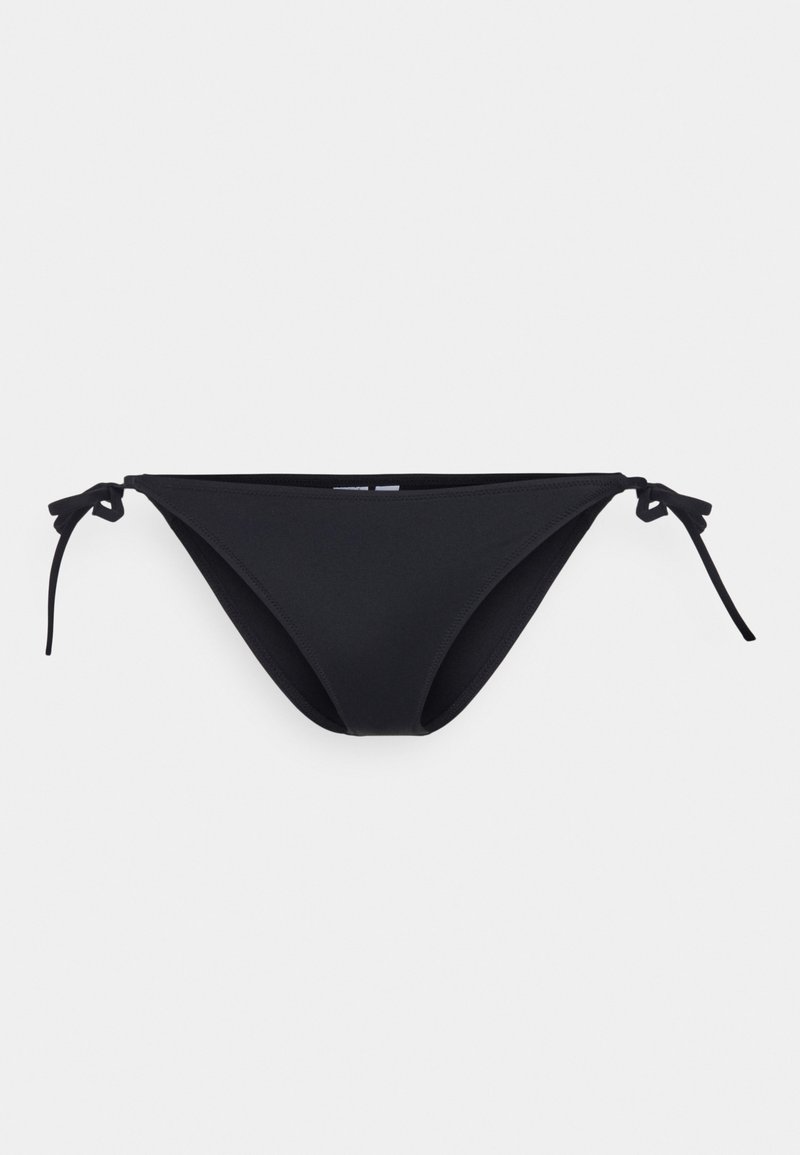 Black bikini bottom with adjustable side ties. Made of smooth, stretchy fabric. Features a minimalist design and a low-rise cut.