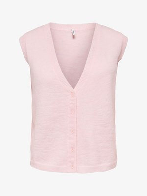 Chaleco de punto sin mangas rosa con escote en V y cinco botones frontales, tela de textura suave y dobladillo recto.
