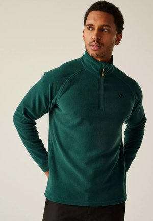 Hombre adulto con jersey polar verde oscuro con cremallera hasta el pecho, manos detrás de la espalda, mirando ligeramente hacia la derecha sobre un fondo claro y liso.