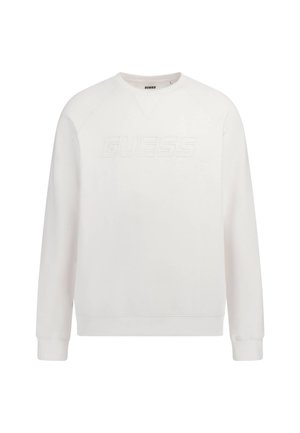 Hvid sweatshirt med rund halsudskæring og raglanærmer. "GUESS" logoet er diskret præget på forsiden. Glat bomuldsstof, afslappet pasform.