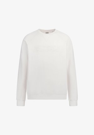 Valkoinen college-paita, jossa on pyöreä kaula-aukko ja raglan-hihat. "GUESS"-logo on hienovaraisesti kohokuvioitu etupuolelle. Sen sileä puuvillakangas tarjoaa rennon istuvuuden.