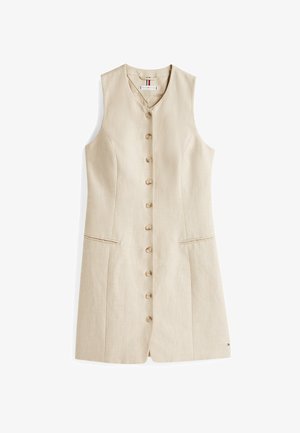 Robe beige sans manches boutonnée avec col en V, poches avant et coutures ajustées, présentée à plat sur fond blanc.