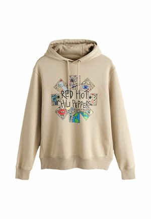 Beżowa bluza z kapturem z kolorowym logo Red Hot Chili Peppers oraz abstrakcyjnymi rysunkami i tekstem na przodzie, w tym oko, usta i globus.