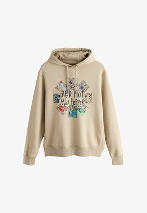 Beżowa bluza z kapturem z kolorowym logo Red Hot Chili Peppers oraz abstrakcyjnymi rysunkami i tekstem na przodzie, w tym oko, usta i globus.