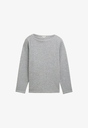 Lys grå langærmet sweater lavet af blødt, struktureret stof. Har en bred halsudskæring og lige kant forneden uden synlige mønstre eller hardware.