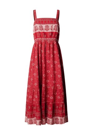 Rotes ärmelloses Midikleid mit floralen und geometrischen Mustern, tailliert und mit breiten Schulterträgern.