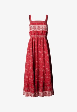 Robe midi rouge sans manches avec motifs floraux et géométriques, taille cintrée et larges bretelles.