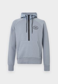 Lyseblå hettegenser med rutete mønster, halv glidelås-design, justerbare snorer og en frontlomme. Svart logoakcent.