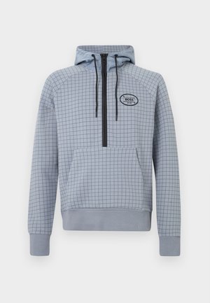Ljusblå hoodie med rutmönster, halvdragkedja, justerbara dragsnören och en frampåse ficka. Svart logotyp som accent.