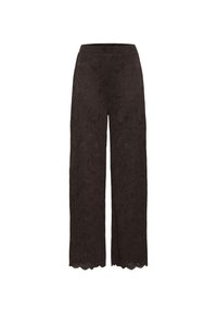 Juodos, plačios kelnės iš nėrinių su gėlių raštu. Su banguotu apatine dalimi ir elastinga juosmens juosta patogumui.