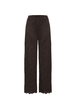 Czarne spodnie o szerokim kroju wykonane z koronki w kwiatowy wzór. Posiadają falbaniasty dół oraz elastyczny pas dla wygody.