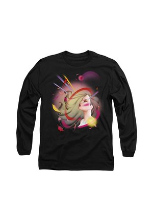 Schwarzes Langarmshirt mit künstlerischem Design eines Frauenprofils, fließendem blondem Haar, bunten Wirbeln und abstrakten Formen um ihr Gesicht.