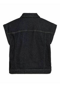 Mörkblå denim ärmlös väst med krage och synlig sömnad, visad från baksidan på en vit bakgrund.