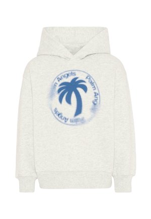 Lichtgrijze hoodie met blauwe palmboomafbeelding en cirkelvormige tekst "Palm Angels" en "Shorty Wellness" op de voorkant.