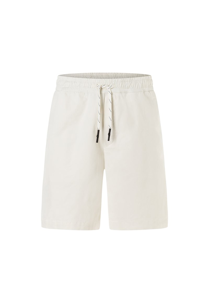 Shorts beige terang yang terbuat dari bahan lembut, dilengkapi dengan pinggang elastis dan tali serut serta aksen hitam. Panjang hingga tengah paha dengan tekstur yang halus.