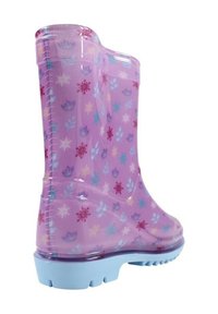 Botte de pluie translucide pour enfant en violet avec des motifs multicolores de flocons de neige et de feuilles, semelle bleu clair avec des crampons pour l'adhérence.