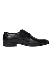 Chaussure habillée en cuir noir avec une finition lisse, un bout arrondi, un laçage à six œillets et une semelle en caoutchouc texturée basse.