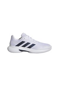 White athletic shoe with a lightweight mesh upper, featuring three dark blue stripes, a textured rubber sole, and a rounded toe design.
