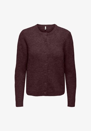 Cardigan tricoté boutonné à manches longues couleur bordeaux foncé avec un col rond et des poignets et un bas en côtes, présenté sur fond blanc.