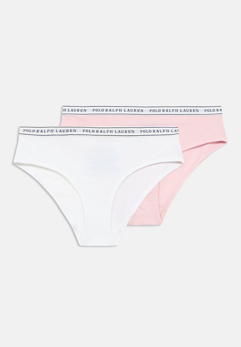 Chiloți din bumbac, albi și roz deschis, cu talie în culoarea bleumarin având logo-ul "Polo Ralph Lauren". Textură moale, croială standard, design clasic.