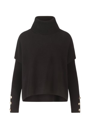 Pull noir court avec un col roulé haut, présentant des manches côtelées et trois boutons décoratifs sur chaque poignet. Texture lisse sur l'ensemble.