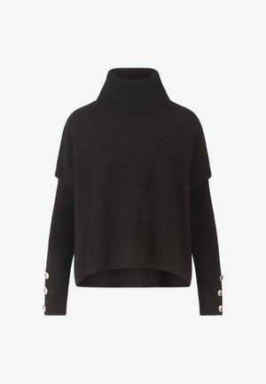 Zwarte cropped trui met een hoge col, voorzien van geribbelde mouwen en drie decoratieve knopen op elke manchet. Overal een gladde textuur.