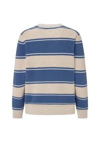 Kootud sveter horisontaalsete siniste ja beežide triipudega. Ribipitsiga varrukad ja hem, ümmargune kaelus ja peen tekstuur.