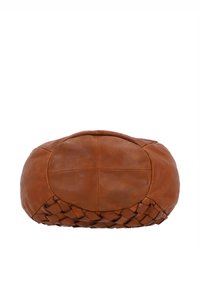 Brown leather handbag base with stitched oval center and braided leather detail along one edge on white background.