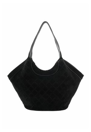 Sac cabas en daim noir avec motif diamant brodé, poignées supérieures arrondies et forme large et incurvée.