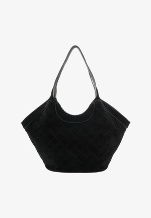 Sac cabas en daim noir avec motif diamant brodé, poignées supérieures arrondies et forme large et incurvée.