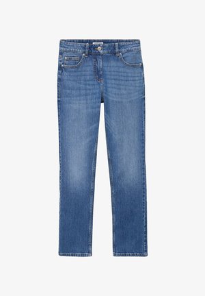 Vaqueros azules de corte recto con cinco bolsillos, cierre de botones y trabillas para el cinturón.