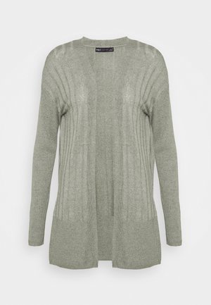 Cardigan gris clair en tricot doux, avec un design à côtes verticales, des manches longues, un devant ouvert et une coupe décontractée.
