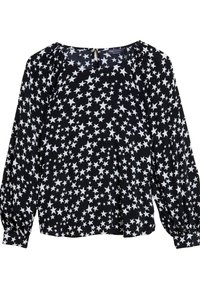 Schwarze Bluse mit weißem Sternmuster, langen Puffärmeln, rundem Ausschnitt und Schlitzdetails am Rücken. Weicher Stoff mit lockerer Passform.