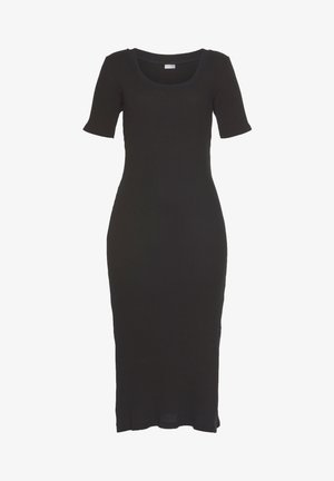 Schwarzes, geripptes, kurzärmeliges, knielanges, figurbetontes Kleid mit Rundhalsausschnitt und leicht ausgestelltem Saum.