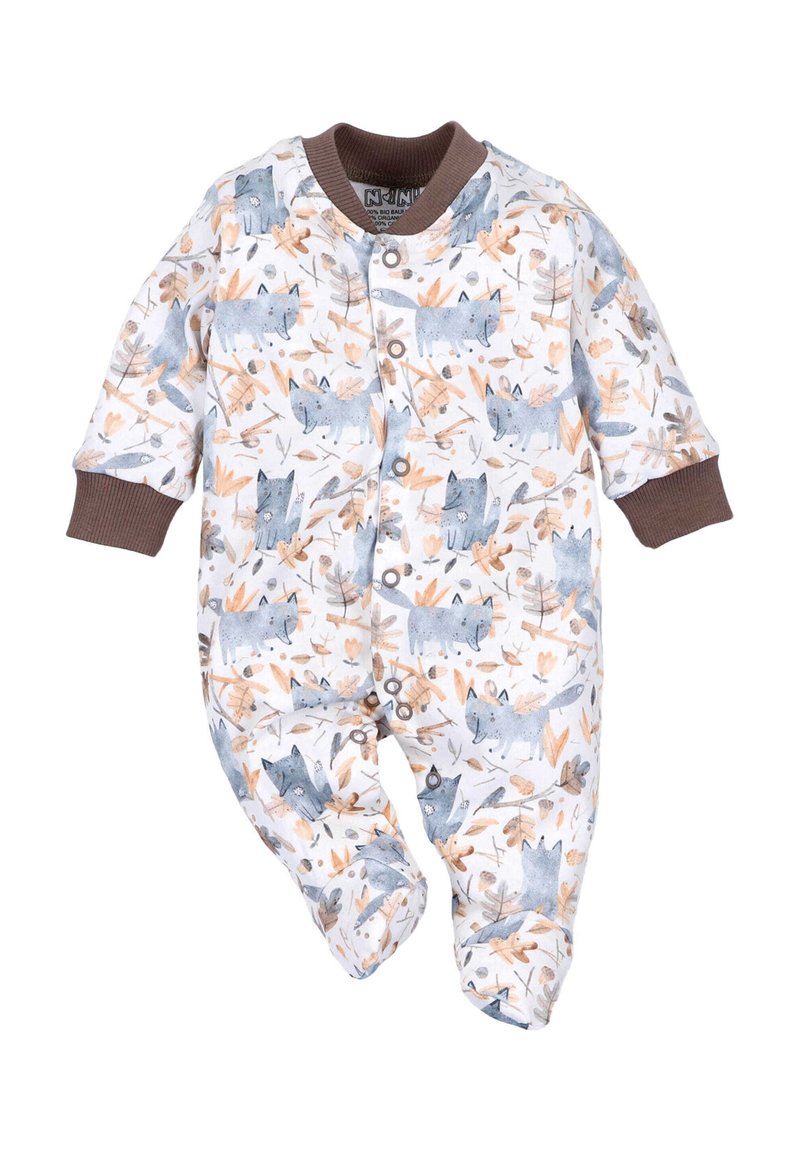 Katoenen baby-rompertje met een witte achtergrond en een patroon van een blauwe vos en herfstbladeren. Bruine mouwen en drukknoopjes aan de voorkant.
