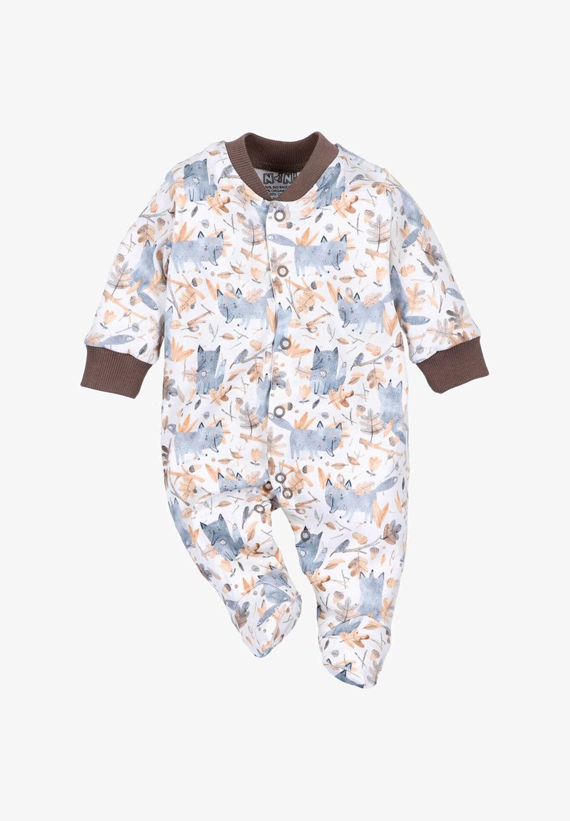 Bawełniana body niemowlęce z białym tłem i nadrukiem niebieskiego lisa oraz jesiennych liści. Brązowe mankiety i zapięcia z przodu.