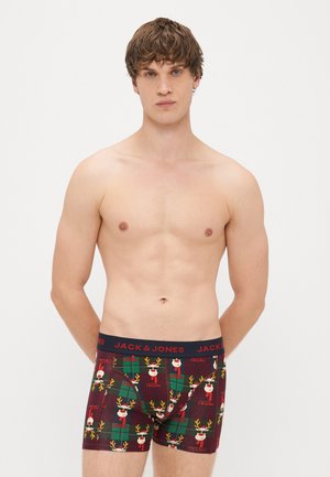 Moške bokserice z prazničnim motivom jelenčka na burgundski podlagi, z črnim pasom, na katerem je prikazano ime blagovne znamke "JACK & JONES."