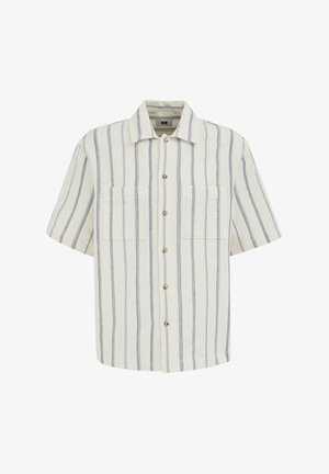 Lühikeste varrukatega nööbitav triiksärk, millel on vertikaalsed sinised triibud valgel tekstureeritud kangal ja kaks esimest rinnataskut.