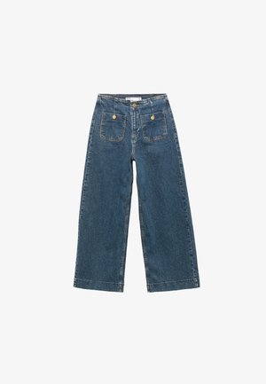 Wijde denim broek in mediumblauw. Bevat twee achterzakken met gouden knopen en heeft een rechte snit. Gemaakt van gestructureerde katoen.