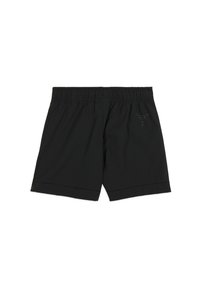 Pantalones cortos negros con cinturilla elástica, que presentan una textura suave y sin patrones visibles. Incluye un pequeño detalle del logo cerca del dobladillo.